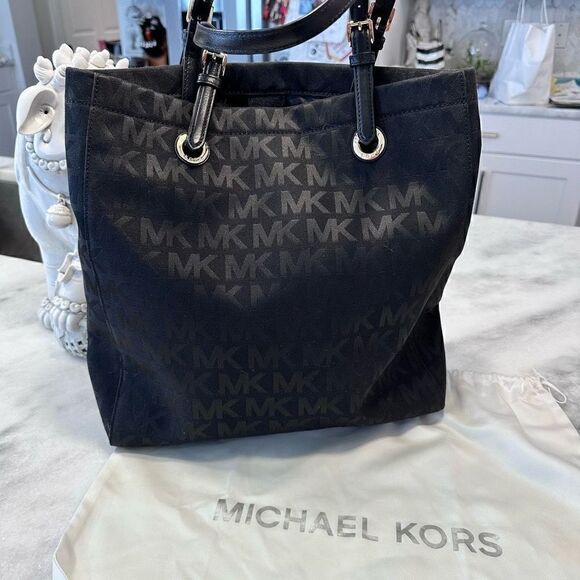 Michael Kors Canvas Logo Tote Bag Adjustable Strap Black Large Excellent Conditi - Picture 3 of 5